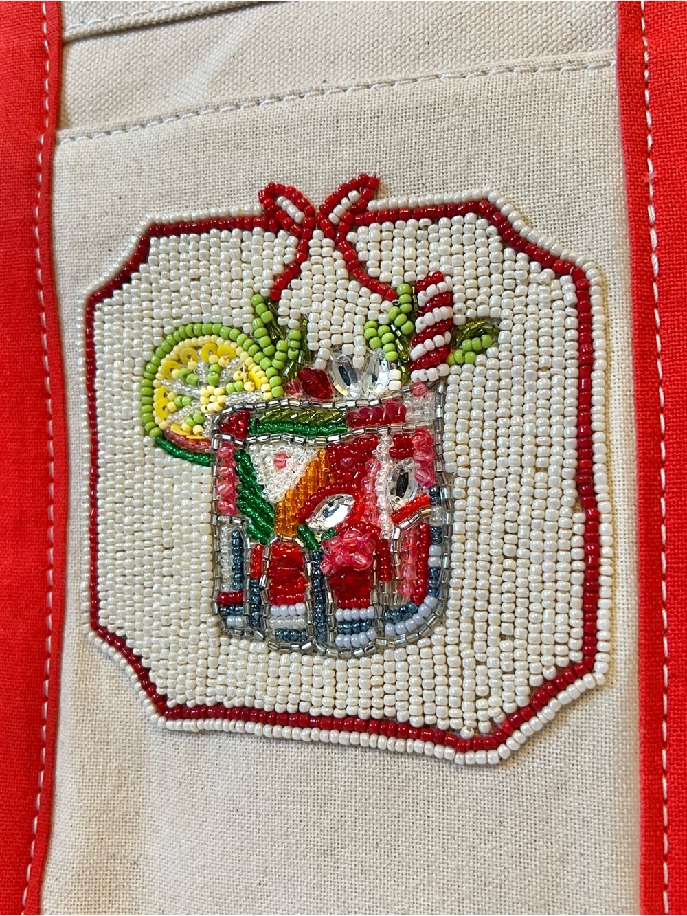 Anthropologie Cream Canvas Tote with Red Trim and Beaded Cocktail Patch - Picture 2 of 8